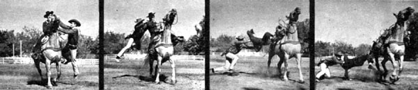 All these photos are from PARADE, the Sunday newspaper supplement, from March 22, 1953. The color photo was on the cover showing Jock Mahoney bulldogging Dick Jones from his horse. The first strip of photos shows Dickie doing a croupier mount and Jocko doing a fork jump over the horse’s neck into the saddle. The second group of photos shows Jocko coming at Dickie from his left side and bulldogging him off the horse.