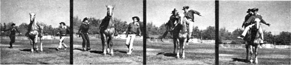 All these photos are from PARADE, the Sunday newspaper supplement, from March 22, 1953. The color photo was on the cover showing Jock Mahoney bulldogging Dick Jones from his horse. The first strip of photos shows Dickie doing a croupier mount and Jocko doing a fork jump over the horse’s neck into the saddle. The second group of photos shows Jocko coming at Dickie from his left side and bulldogging him off the horse.