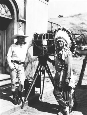 Tom Mix on location with noted Indian athlete turned actor Jim Thorpe. (Thanx to Bobby Copeland.)