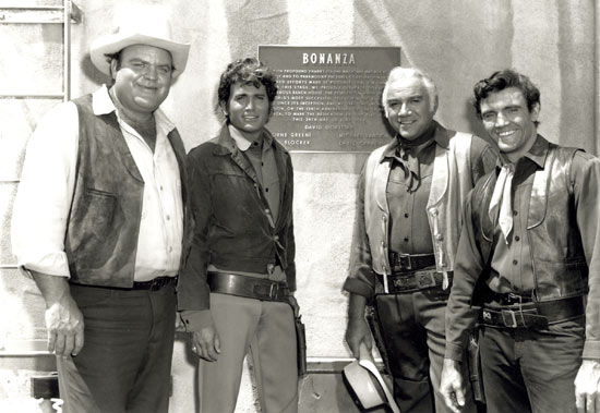 Plaque erected June 24, 1968, on the "Bonanza" sound stage thanking NBC and Paramount Pictures for making possible "The World's most successful television show" on its 10th anniversary. Dedicated to producer David Dortort and (left to right) Dan Blocker, Michael Landon, Lorne Greene and David Canary.