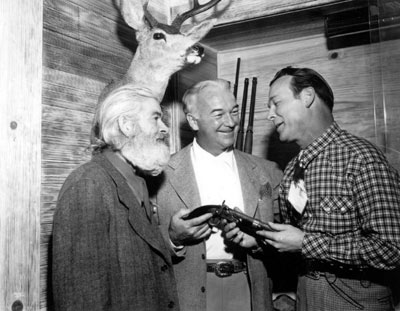 Gabby Hayes, William Boyd and Roy Rogers during a rehearsal at Roy’s house for the “Western Hall of Fame Hoss Opera” held at L.A.’s Olympic Auditorium 11/28/48.