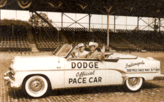 Cars of the Stars: Roy Rogers rides tall at Indianapolis Motor Speedway in an 1954 Dodge. (Thanx to Frank Story.)