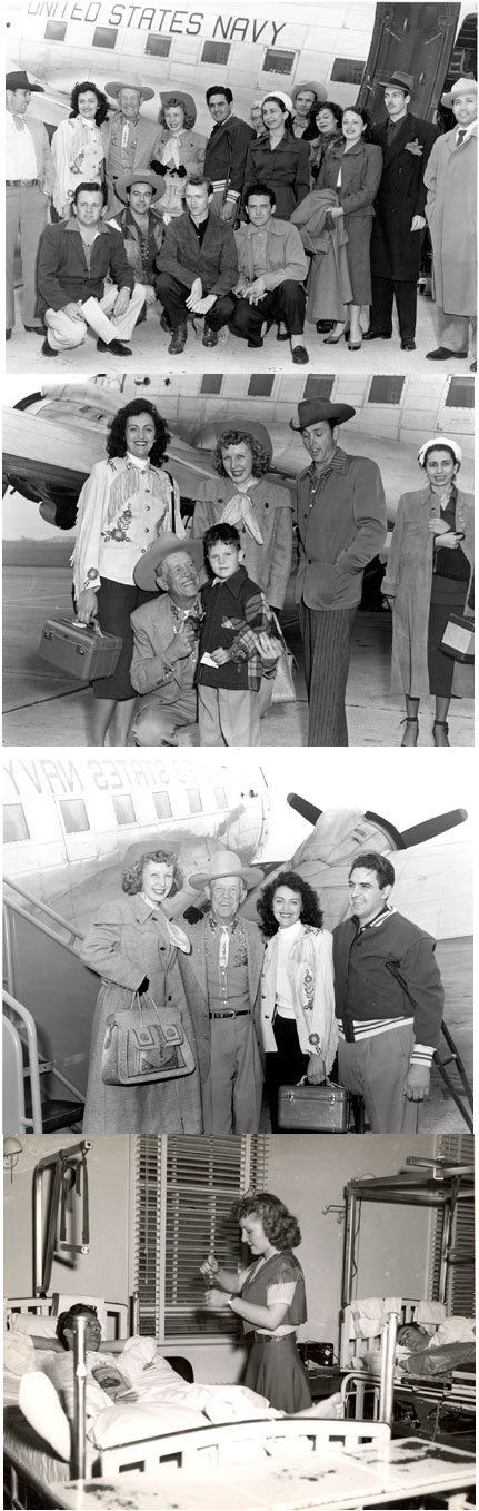 A group of western film actors and entertainers returning in late 1951 by Navy plane from a series of shows for some 32,000 hospitalized Korea veterans at Mare Island and Oakland Navy Hospitals, Letterman Army General Hospital and Oak Knoll Hospital. The benefits were the latest in a series of eleven staged for wounded personnel by Roy Canada, William S. Chaney and Lennie Smith. In the top photo: Roy Canada (far left), Tom London (second from left top row), Carolina Cotton (next to London) and stuntman Fred Carson kneeling (second from left). Others are unknown. Second photo shows London and Carolina Cotton with a young boy. Others are unknown. Third photo is again London and Carolina and two unknowns. Fourth photo is Carolina Cotton in one of the toured hospitals.