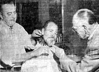 Paul Brinegar gets his beard trimmed by Raton, New Mexico, barber Roy Buchanan on September 3, 1957, while his father P. A. Brinegar gives a little sage advice. Paul was visiting his parents in Raton and was co-starring at the time as Mayor Jim “Dog” Kelly on Hugh O’Brian’s “Wyatt Earp” TV series.