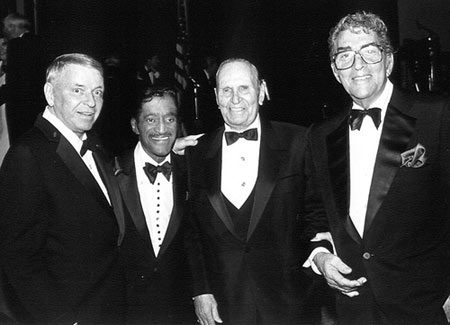 Frank Sinatra, Sammy Davis Jr. and Dean Martin coalesce around Gene Autry during the first Autry Museum Gala. (Thanx to Bobby Copeland.)