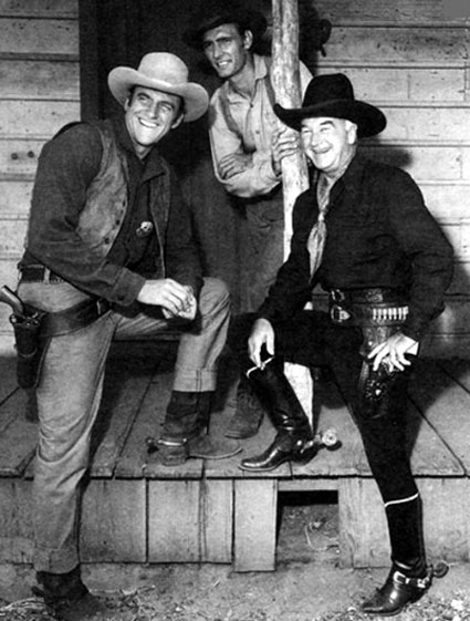 William Boyd as Hopalong Cassidy visits the “Gunsmoke” set with James Arness and Dennis Weaver. (Thanx to Jerry Whittington.)