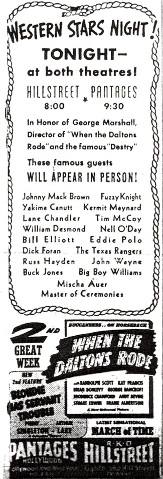 What a group of western stars turned out on August 5, 1940 to honor director George Marshall in two theatres in Hollywood.