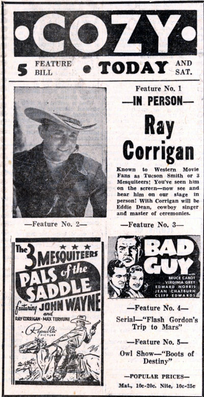 Ray Corrigan at the Cozy Theatre in Pittsburg, Kansas on Sept. 16, 1938.