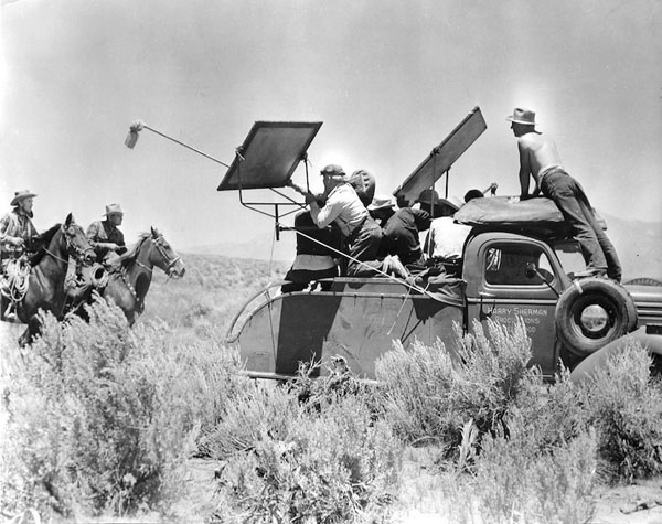 Andy Clyde and Russell Hayden—or their doubles—follow a Harry Sherman Productions camera truck in 1940. (Thanx to Jerry Whittington.)