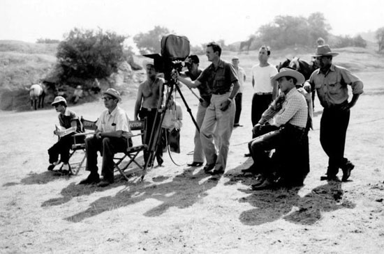 Director Harry Keller, seated in the white shirt, and Rex Allen on location for one of Rex’s Republic Pictures. (Thanx to Jerry Whittington.)