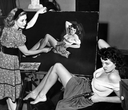 Jane Russell poses for an artist’s rendering to promote “The Outlaw”. (Thanx to Jerry Whittington.)