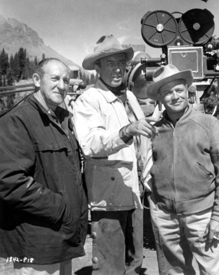 Producer Aaron Rosenberg, star James Stewart and director James Neilson on location in Colorado for “Night Passage” (‘57 U.I.). (Thanx to Jerry Whittington.)
