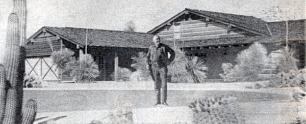 Lorne Greene outside the “Bonanza” Ponderosa replica home he built in 1963 in Mesa, AZ, to promote the sale of land and homes in what was then the new Apache Country Club Estates. Greene and his wife Nancy lived in the Mesa home for several years. After a second owner had the house for some 40 years, Tom and Louise Swann purchased the Ponderosa house and restored it to the way it was when Greene was the owner. The Swanns had a grand opening of the home for some 60 fans the weekend of February 16, 2013. The photo below shows the way the Ponderosa Mesa home looks today.
