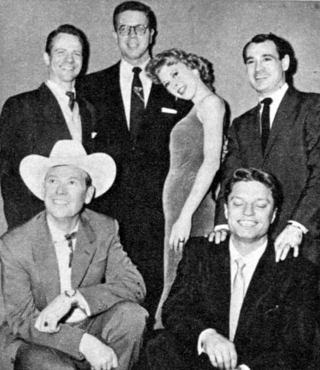 Bill Randle (in glasses) plays host to musical conductor Richard Hayman, actress Barbara Ruick, bandleader Ray Anthony, Rex Allen and Guy Mitchell on Randle’s Sunday night WEWS Cleveland TV talkfest in 1956.