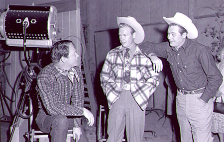 Rex Allen and Monte Hale visit with Roy Rogers on the set of Republic’s “The Golden Stallion” (‘49). 