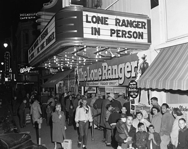 Clayton Moore appeared in person at the Austin Theatre in Austin, TX, to promote the 1956 theatrical “Lone Ranger”. (Thanx to Jerry Whittington.)