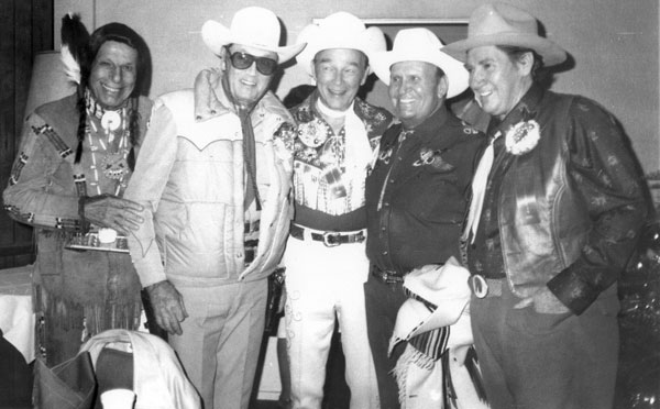 At the November 29, 1981, Hollywood Christmas Parade...(L-R) Iron Eyes Cody, Clayton Moore, Roy Rogers, Gene Autry and Pat Buttram.