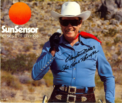 With the release of “The Legend of the Lone Ranger” movie in 1981, Clayton Moore was stripped of his mask and took to wearing and promoting SunSensor sunglasses.