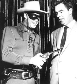 Clayton Moore personal appearance in Kansas City with local dignitary Matt Plunkett. 2/11/56.