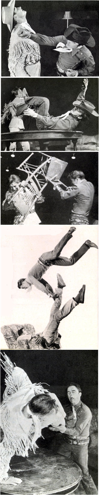 For their 1953 rodeo appearances, Jock Mahoney as the “Range Rider” and Dick Jones as Dick West staged a 10 minute “movie fight” during which they slugged it out with fists and splintering chairs.
