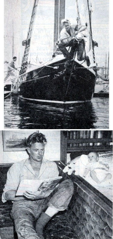 Sterling Hayden aboard his 50 foot schooner in 1949. Seen with his son Christian (nickname Windy) aboard the schooner.