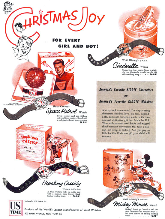 SATURDAY EVENING POST ad from 1953 shows Space Patrol, Hopalong Cassidy, Mickey Mouse and Cinderella watches.