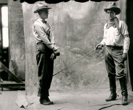 Ed Cobb (right) and Slim Freeman in costume for a Rio Grande Motion Picture Company film in Albuquerque, NM, circa 1914.
