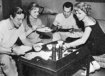 Pat Conway (center) of “Tombstone Territory” cooked up a great meal for his guests Britt Lomond of “Zorro”, Lomond’s fiancee Diane Tutini and actress Pamela Duncan. (June ‘59).