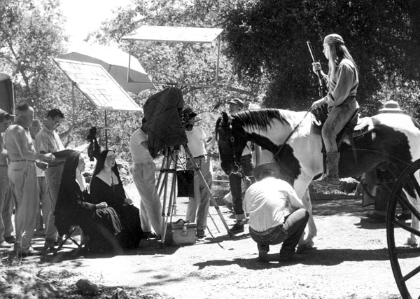 The camera crew sets up a shot with Cochise (Michael Ansara) for “Broken Arrow: The Sisters” (1958). (Thanx to Neil Summers.)
