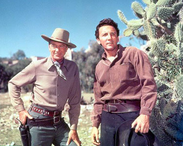 Gary Cooper and Cameron Mitchell take a break from filming “Garden of Evil” (‘54). (Thanx to “High Chaparral”’s Marianne Rittner-Holmes.)