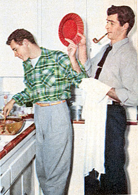 Even cowboy stars have to clean up and do the dishes after a party. Guy Madison and Rory Calhoun.