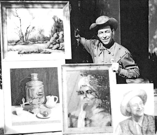 Eddie Dean displays some samples of his paintings. The one in the bottom right corner is of Eddie’s screen sidekick Roscoe Ates. This photo comes from Stephen Fratallone’s new 464 page bio EDDIE DEAN, THE GOLDEN COWBOY, published by Bear Manor Media and available from Bear Manor or Amazon.com. Over 200 photos.