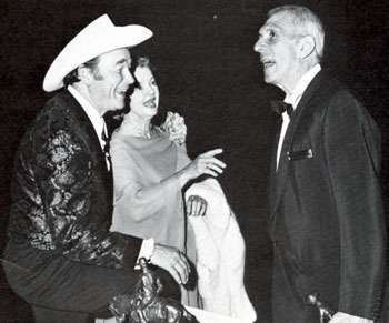 Hall of Great Western Performers inductees Roy Rogers and Dale Evans greet Richard Brooks, director of the Wrangler Award winning film “Bite the Bullet” in 1976 at the Cowboy Hall of Fame in Oklahoma City.