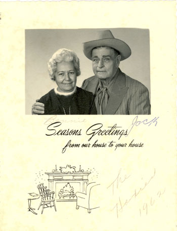 A 1962 Christmas card sent to George Virgines from and signed by Bonnie and Jack Hoxie.