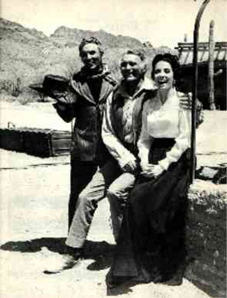 Enjoying the day on the “High Chaparral” set at Old Tucson—Cameron Mitchell, Leif Erikson and Linda Cristal. (Thanx to Marianne Rittner-Holmes.)