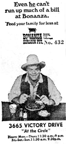 Dan Blocker endorsement for Bonanza Sirloin Pit in Columbus, GA, in the ‘60s.
