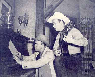 The songwriting team of Tim Spencer and Roy Rogers in 1943. Together they wrote “Ride ‘Em, Cowboy”, “Song of the San Joaquin”, “Faithful Pal O’ Mine”, “Rocky Mountain Lullaby”, “All Because of You”, “South of Santa Fe”, “Curly Joe from Idaho”, “Grin and Take it On the Chin” and so many more. All of these and others were published in ROY ROGERS' OWN SONGS FOLIO #1 in 1943.