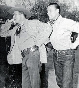 Badman LeRoy Mason and Bob Nolan of the Sons of the Pioneers wait for their call to do a scene in Monte Hale’s “Home on the Range” (‘46 Republic).