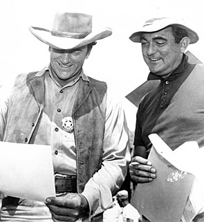 James Arness and director Andrew McLaglen on the set of “Gunsmoke”.