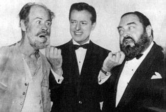 “Stump the Stars” host and producer Mike Stokey gently tugs at the whiskers of guests Paul Brinegar (Wishbone on “Rawhide”) and Sebastian Cabot in 1964. Stokey was once married to B-Western actress Pamela Blake.
