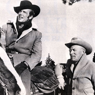 George Peppard on location with wrangler Dick Webb for “How the West Was Won” (‘62 MGM). Webb was a well known wrangler on other Westerns such as “Cimarron” (‘60), “The Reivers” (‘69), “Hearts of the West” (‘75) and “The Blue and the Gray” (‘82).