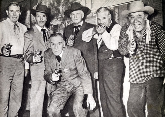 A gang of oldtimers reunite for roles in A. C. Lyles’ “Law of the Lawless” (‘64 Paramount). (L-R) Bruce Cabot, Kent Taylor, William Bendix, Barton MacLane, Richard Arlen, Lon Chaney Jr.