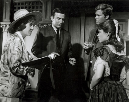 Director Ida Lupino has a script conference with “The Virginian” James Drury, Doug McClure and guest star Alice Rawlings on the set of the “Dead Eye Dick” episode in 1966.