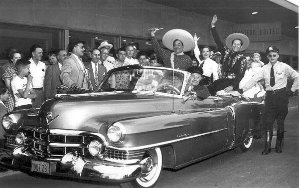 The Cisco Kid (Duncan Renaldo) and Pancho (Leo Carrillo) arrive at an airport for a personal appearance in the mid ‘50s. (Courtesy Billy Holcomb.)