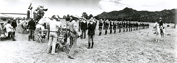 Making TV’s “How the West Was Won” in Canon City, CO. Top photo shows 60 Cavalry Troopers awaiting the arrival of Zeb Macahan (James Arness) and Chief Santangkai (Ricardo Montalban). Bottom photo depicts troopers maneuvering for attack during the Indian war.