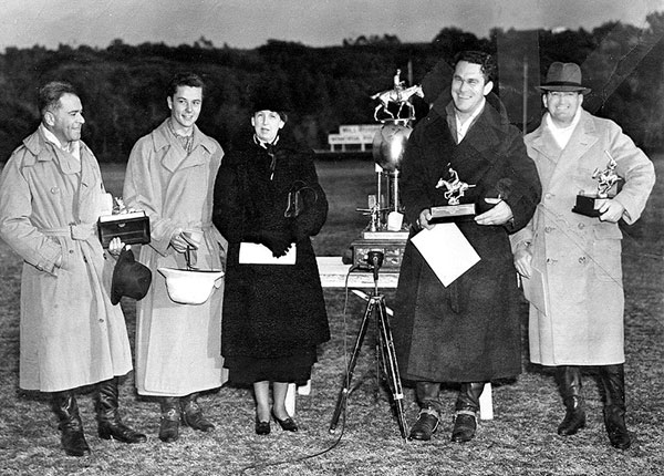 Producer Walter Wanger, Tim Holt, Mrs. Will Rogers, Big Boy Williams and Carl Crawford. Mrs. Rogers was presenting trophies to the winners of the First Annual Will Rogers Memorial Polo Tournament at the Uplifters Club in Pacific Palisades. Circa 1937-‘39. (Photo courtesy Carl Crawford’s stuntlady daughter Martha Crawford.)