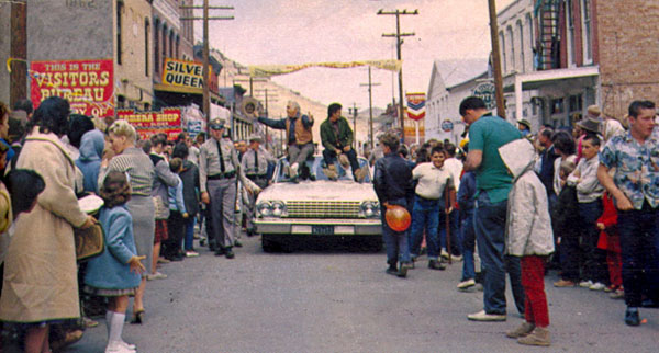 Lorne Greene and Michael Landon wave to fans at the 1962 “Bonanza Days” celebration in Virginia City.