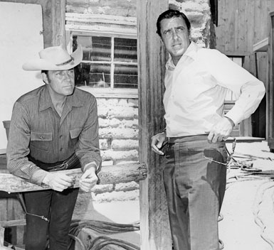 Dale Robertson with Old Tucson founder Bob Shelton making ready to film an episode of “Death Valley Days”.