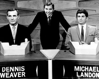 A very somber Dennis Weaver and Michael Landon guesting on “Match Game”. Gene Rayburn is the host. (Thanx to Terry Cutts.)