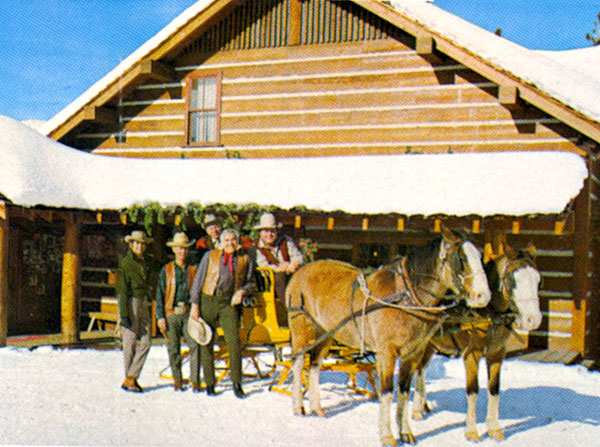 A snowy scene at the Incline Village “Bonanza” house in Lake Tahoe, Nevada with Michael Landon, Lorne Greene, Dan Blocker and a couple of others.